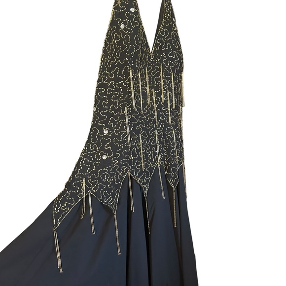Vintage De Oscar Collection 100% Silk Beaded Fringe Halter Midi Dress Sz 8 EUC - Picture 2 of 16